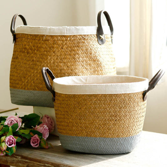 Pastoral Handmade Seagrass Basket Painted Linen Edge Flower Pot PU Handle Braided Basket Rattan Woven Basket Big Laundry Basket