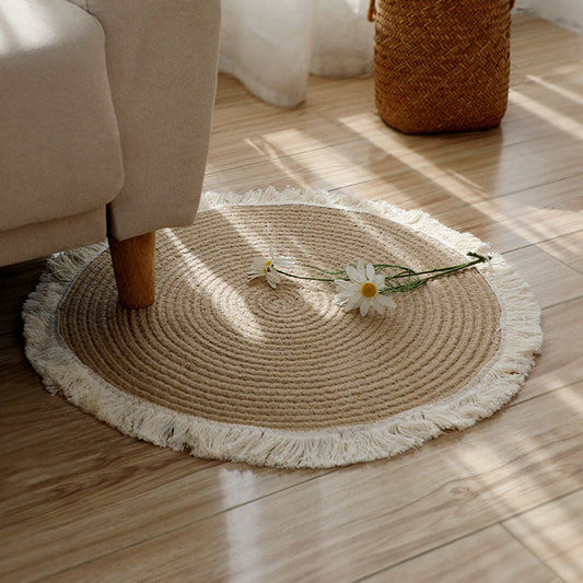 Natural Jute Round Floor Mat with Fringe - Artisanal Nordic-Style Home Accent
