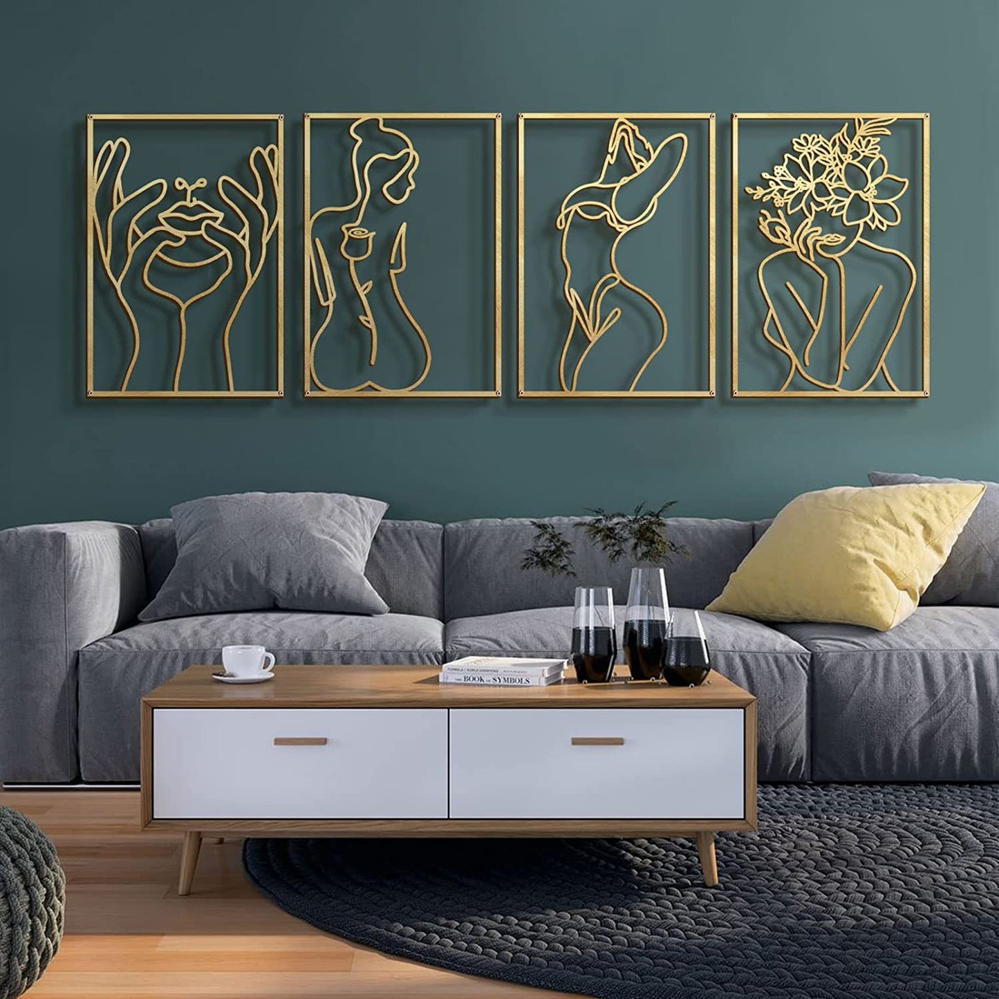Elegant Contours - Set of 4 Golden Silhouette Metal Wall Art